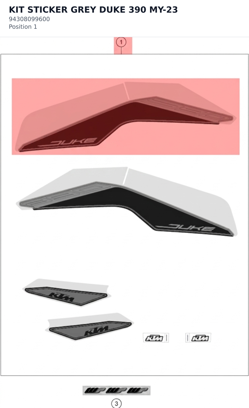 Diagram preview: KIT STICKER GREY DUKE 390 MY-23 (94308099600)