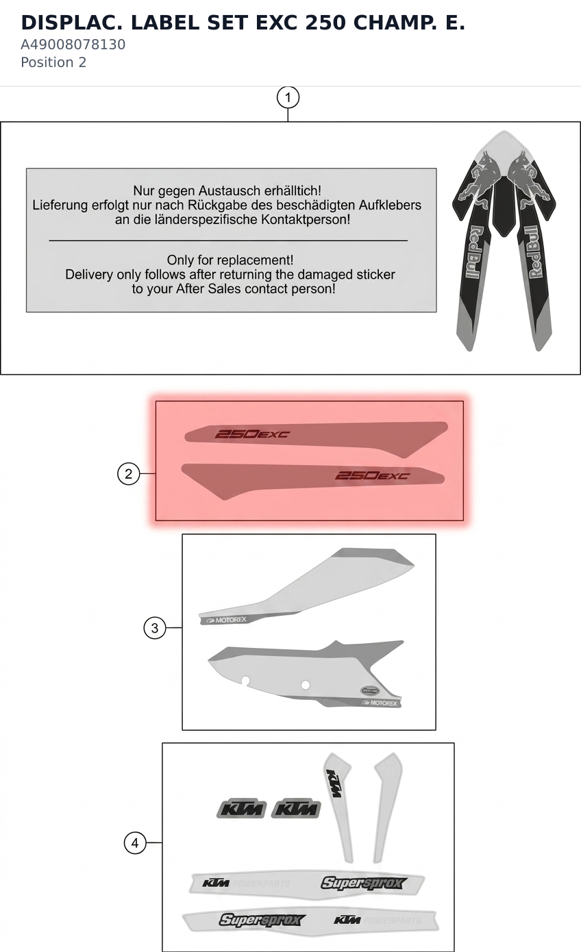Diagram preview: DISPLAC. LABEL SET EXC 250 CHAMP. E. (A49008078130)