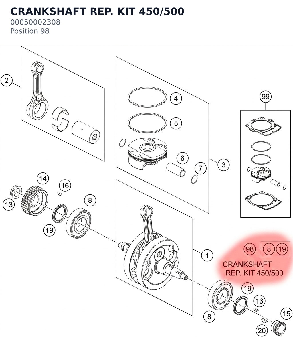 Diagram preview: CRANKSHAFT REP. KIT 450/500 (00050002308)