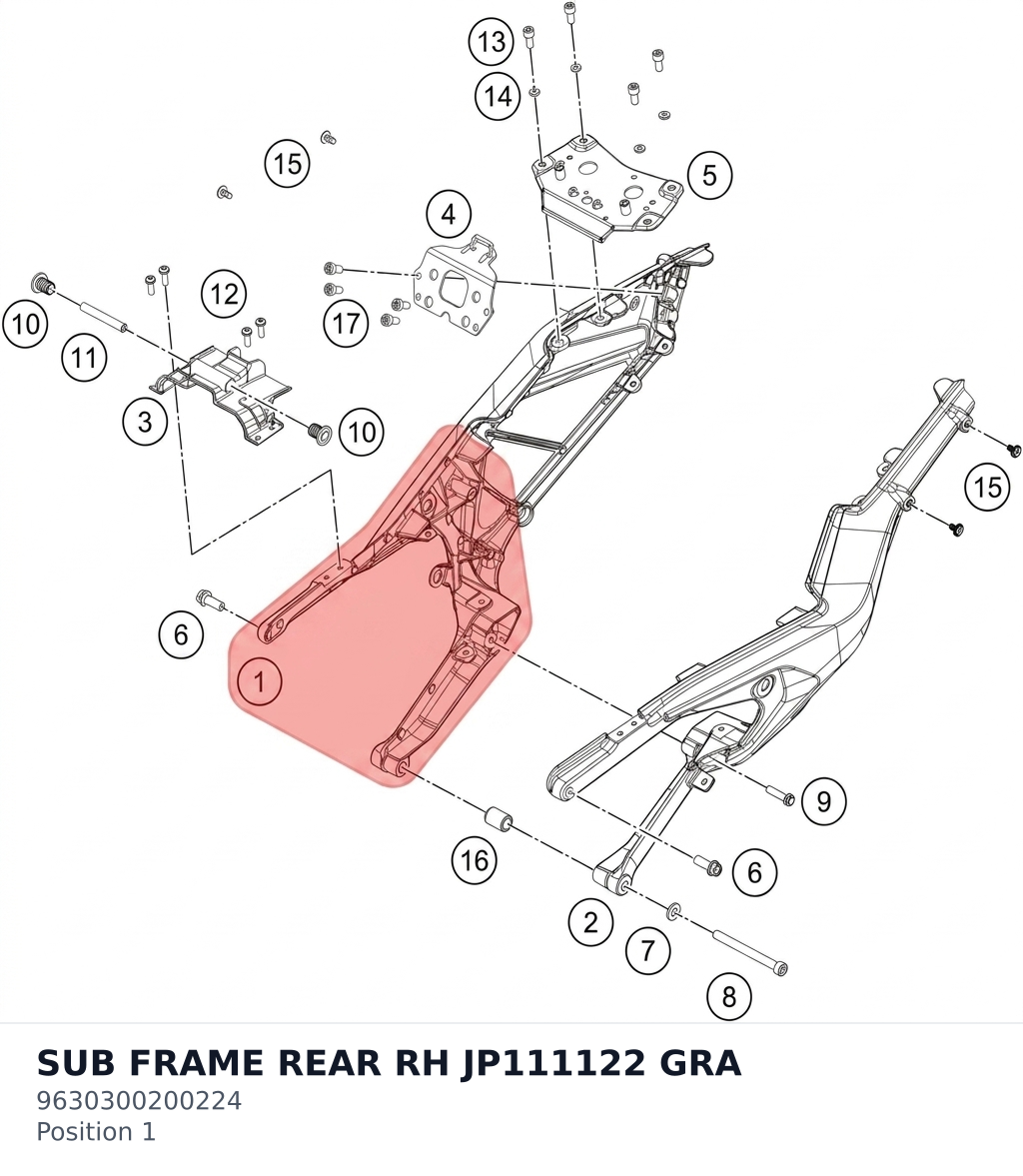 Diagram preview: SUB FRAME REAR RH JP111122 GRA (9630300200224)