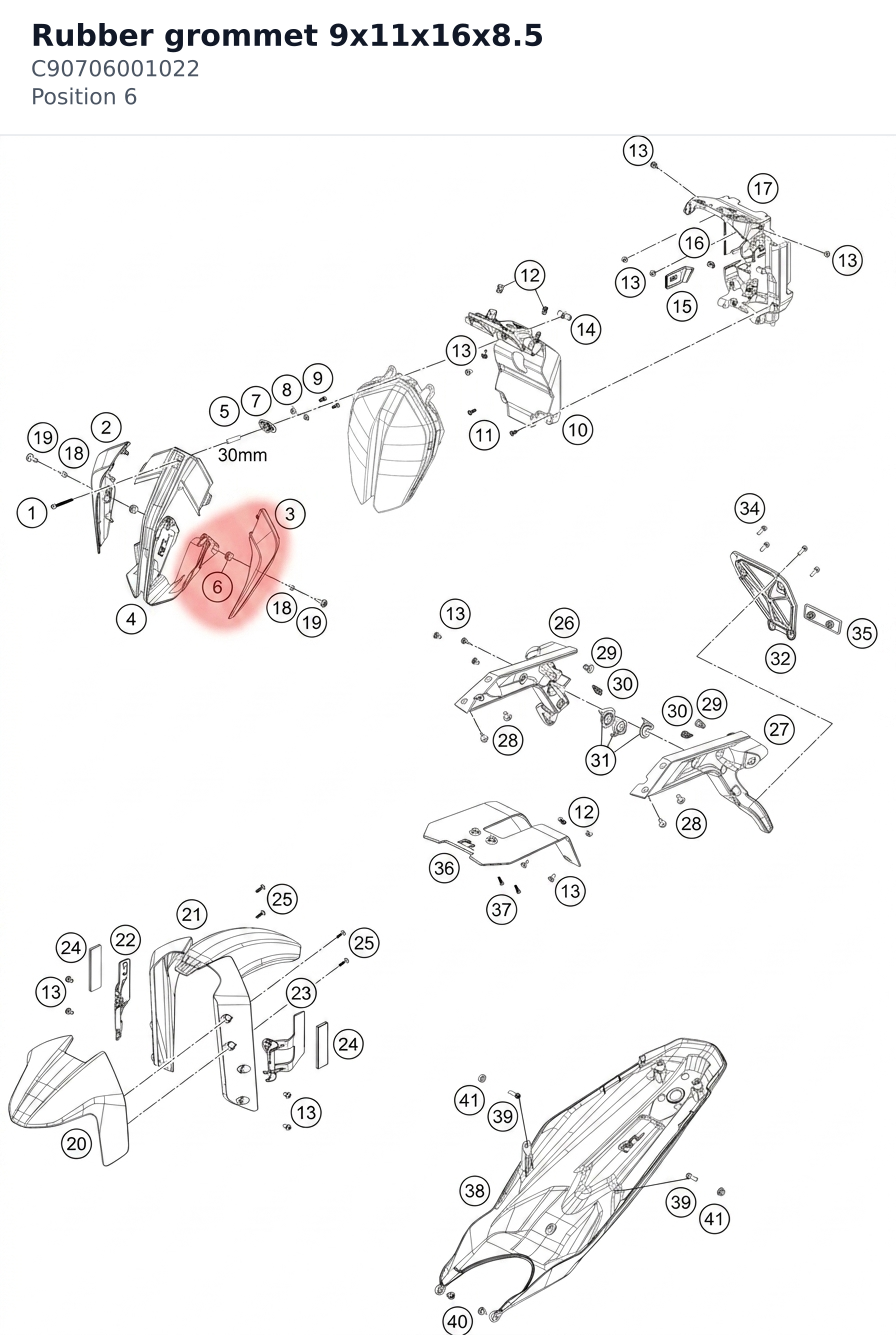 Diagram preview: Rubber grommet 9x11x16x8.5 (C90706001022)