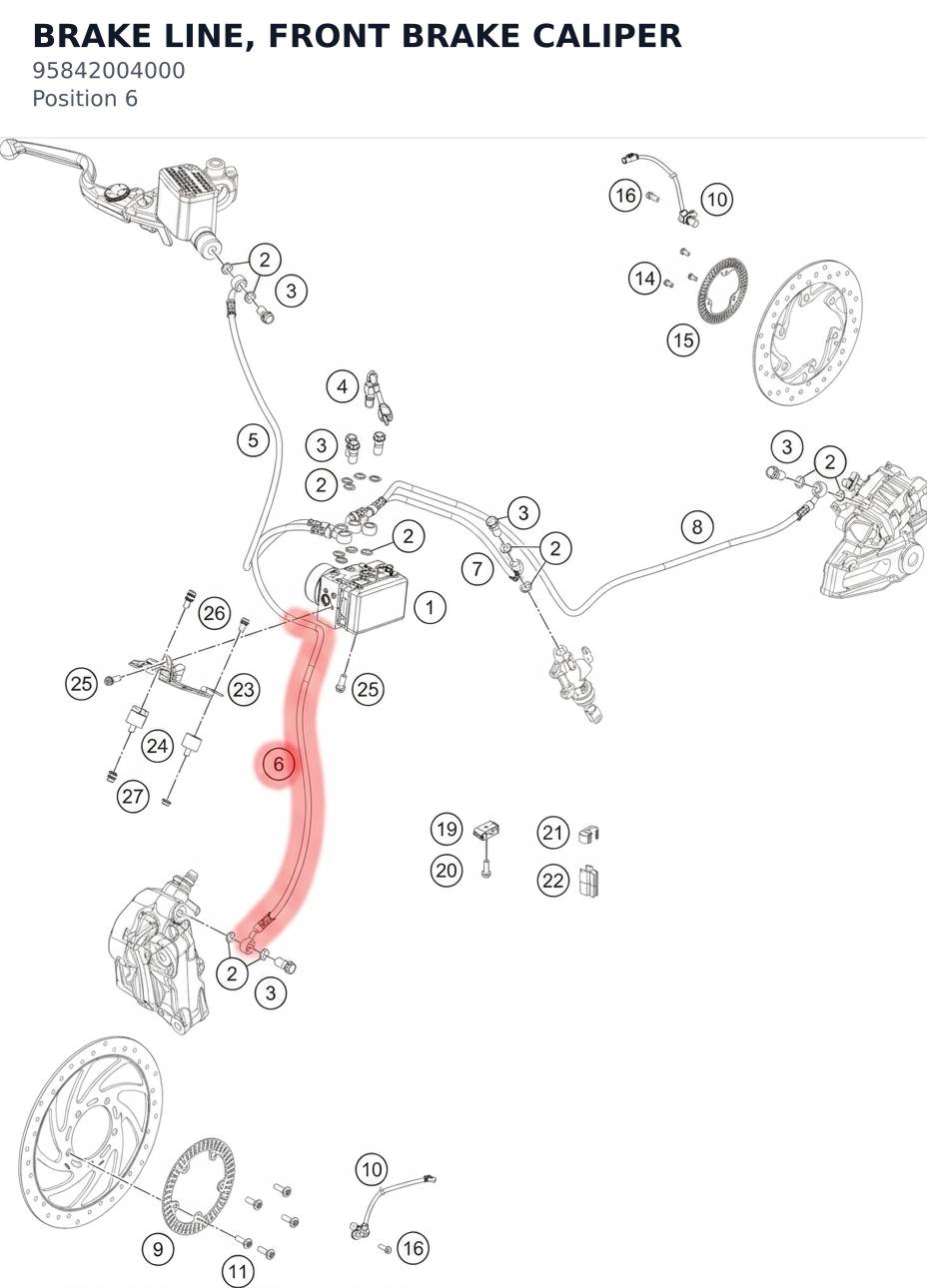 Diagram preview: BRAKE LINE, FRONT BRAKE CALIPER (95842004000)
