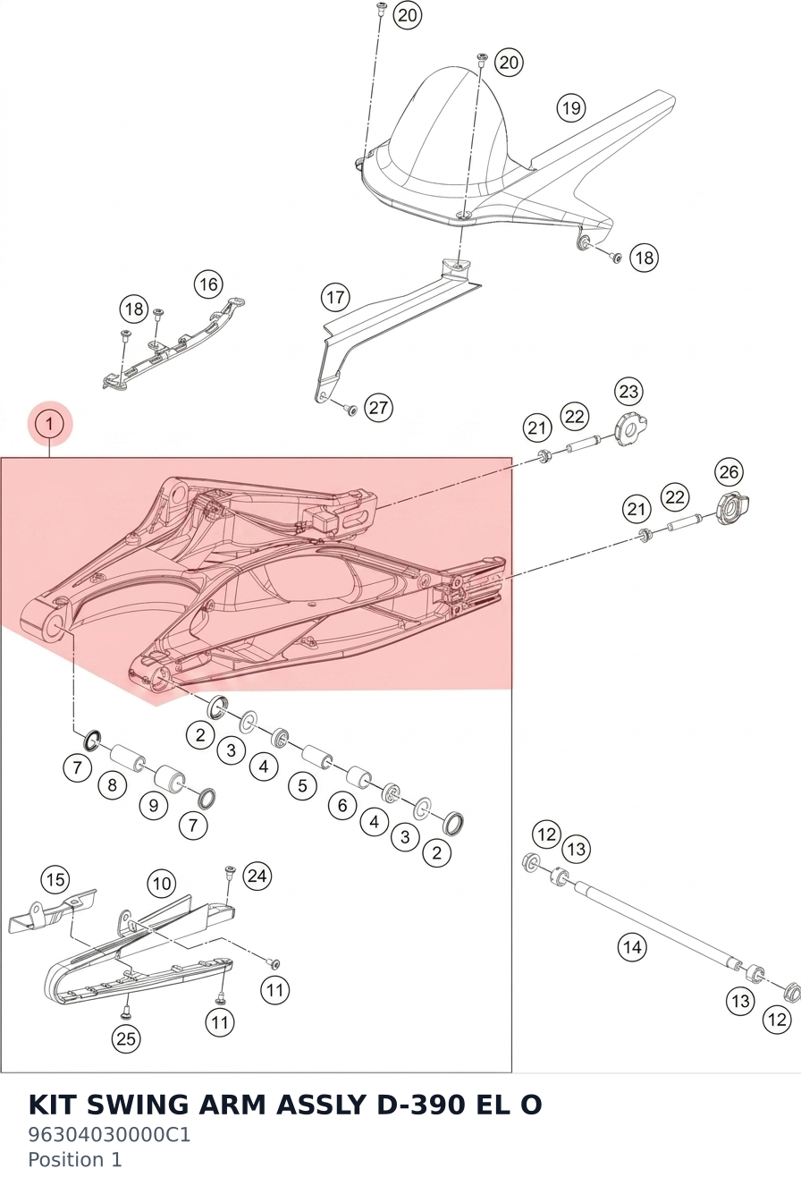 Diagram preview: KIT SWING ARM ASSLY D-390 EL O (96304030000C1)