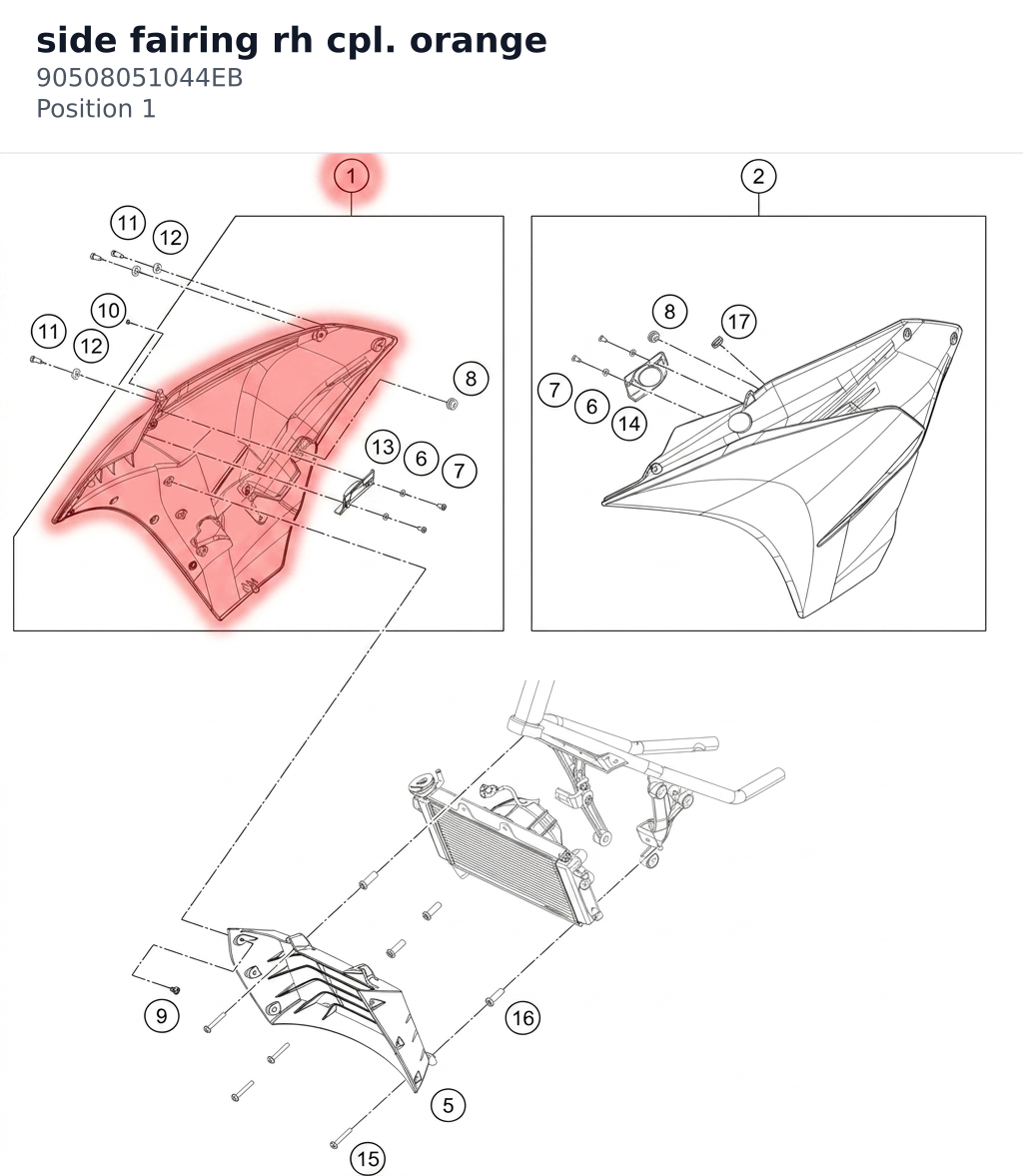 Diagram preview: side fairing rh cpl. orange (90508051044EB)