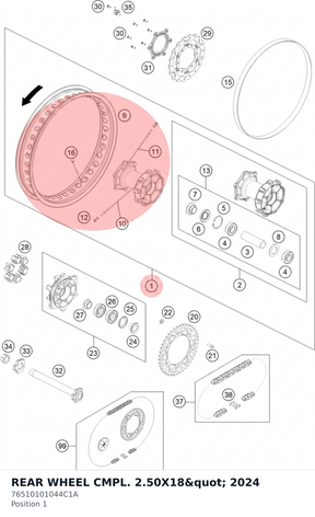 Diagram preview: REAR WHEEL CMPL. 2.50X18" 2024 (76510101044C1A)
