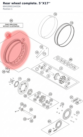 Diagram preview: Rear wheel complete. 5''X17'' (6041000114433A)