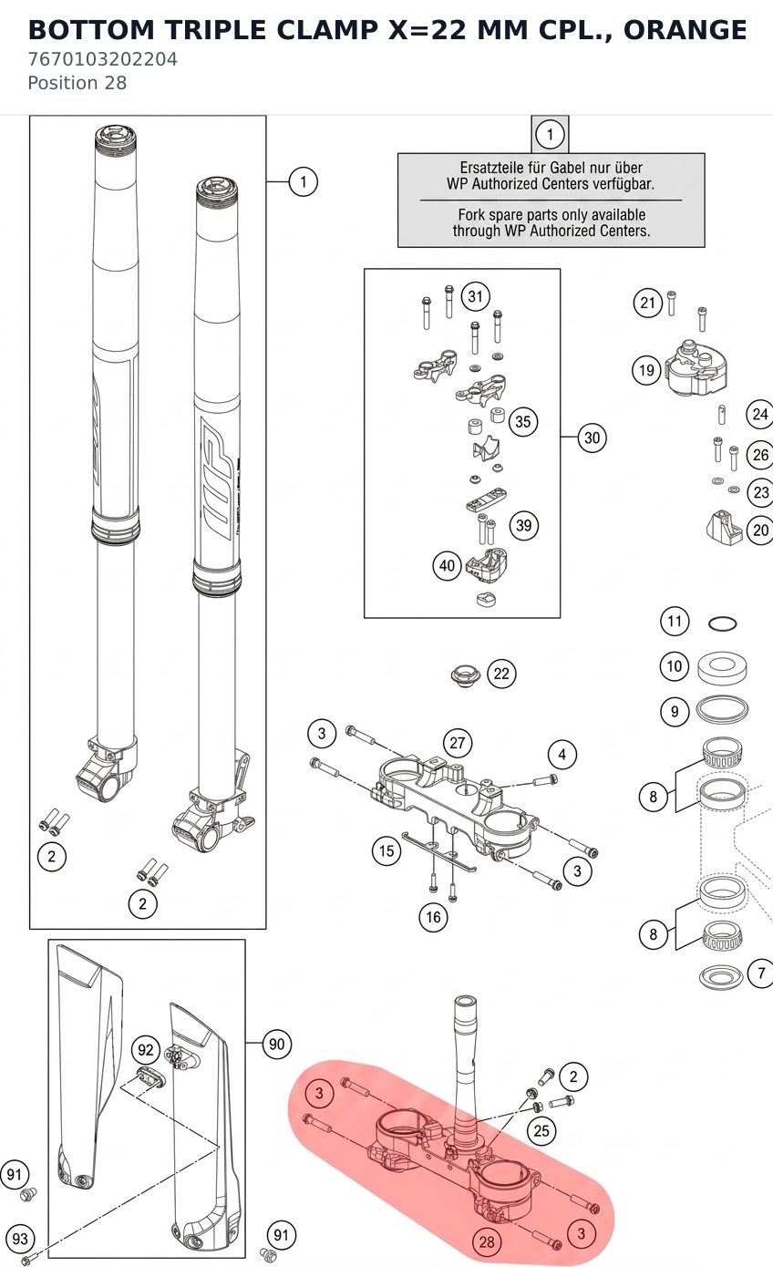 Diagram preview: BOTTOM TRIPLE CLAMP X=22 MM CPL., ORANGE (7670103202204)