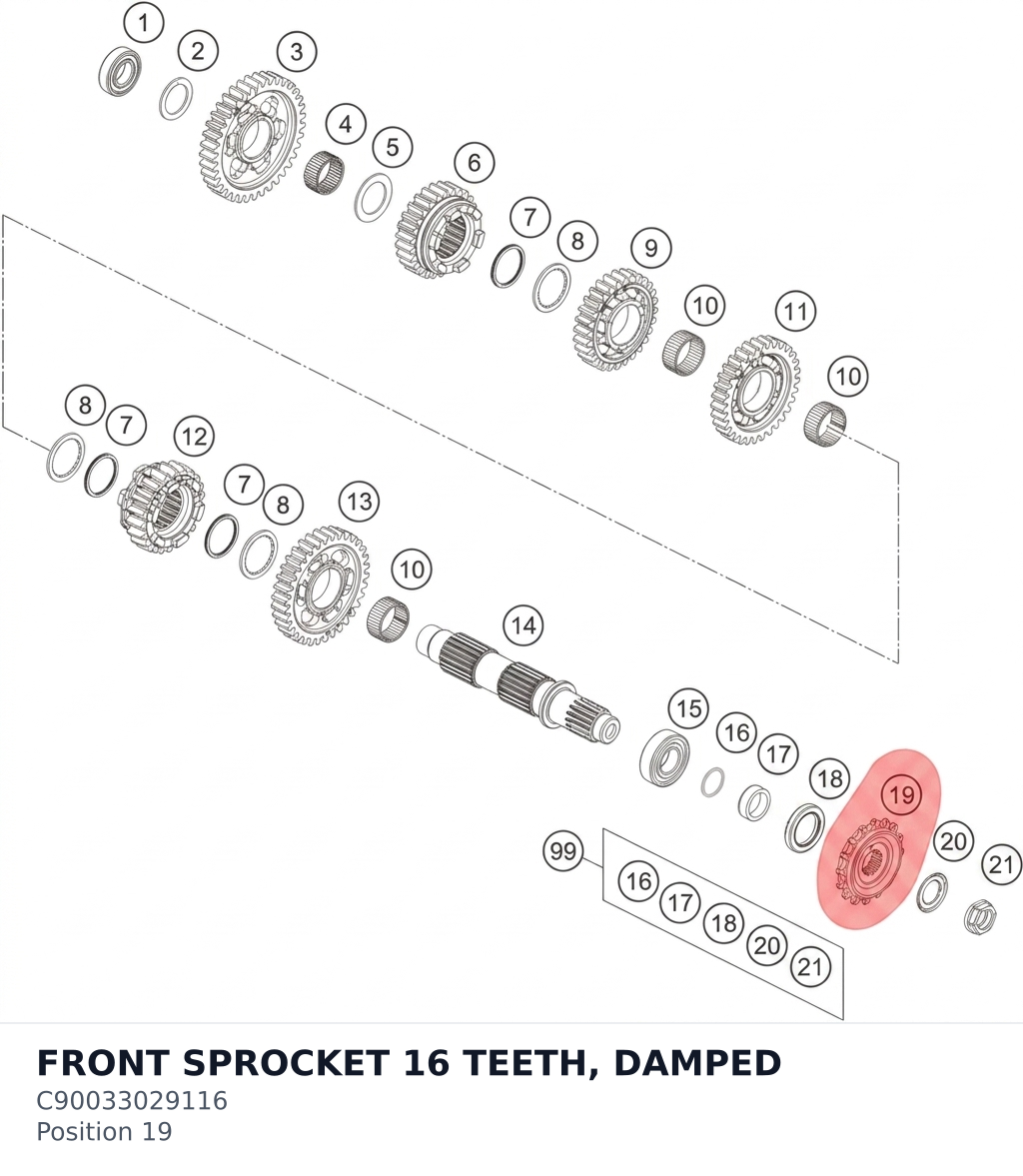 Diagram preview: FRONT SPROCKET 16 TEETH, DAMPED (C90033029116)