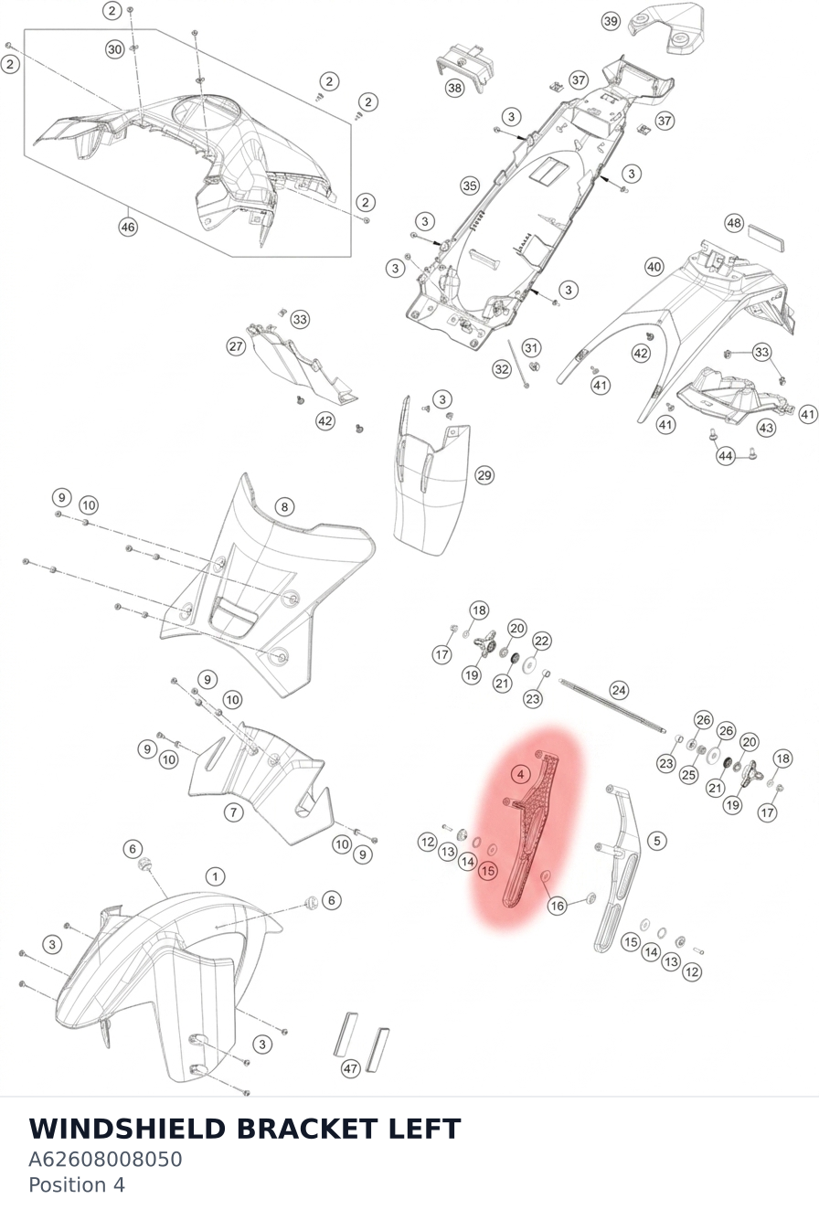 Diagram preview: WINDSHIELD BRACKET LEFT (A62608008050)
