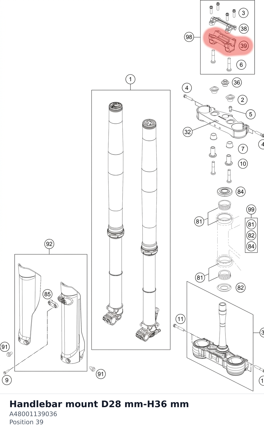 Diagram preview: Handlebar mount D28 mm-H36 mm (A48001139036)
