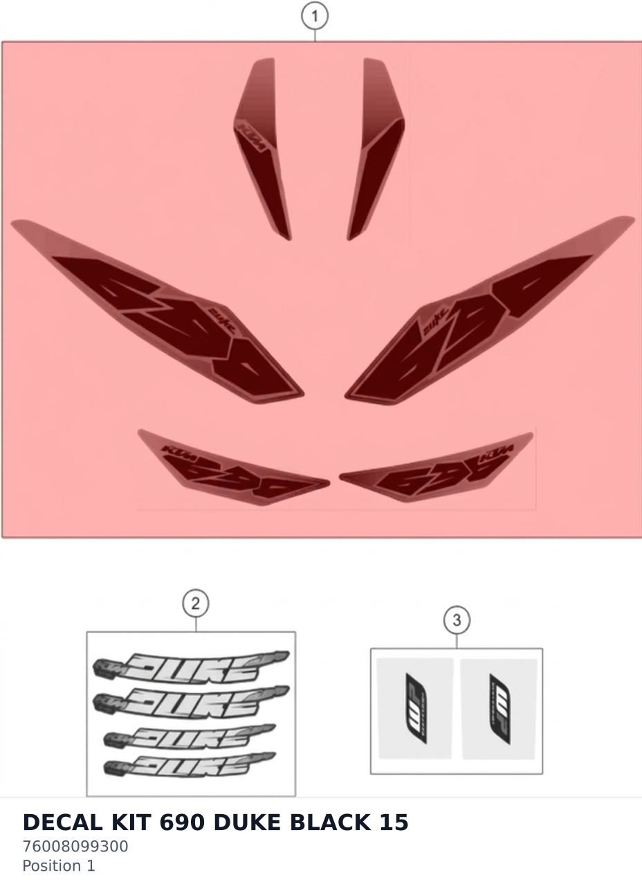 Diagram preview: DECAL KIT 690 DUKE BLACK 15 (76008099300)