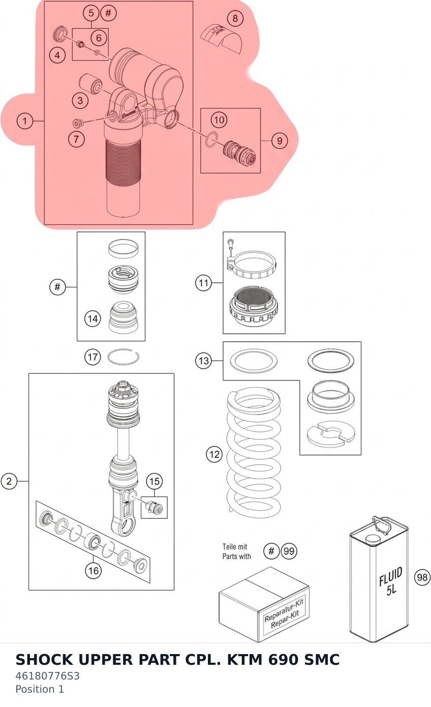Diagram preview: SHOCK UPPER PART CPL. KTM 690 SMC (46180776S3)