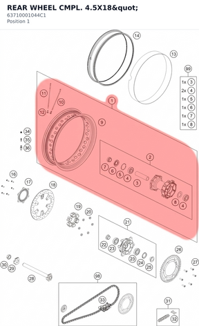 Diagram preview: REAR WHEEL CMPL. 4.5X18" (63710001044C1)