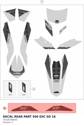 Diagram preview: DECAL REAR PART 500 EXC SD 16 (78108396600)