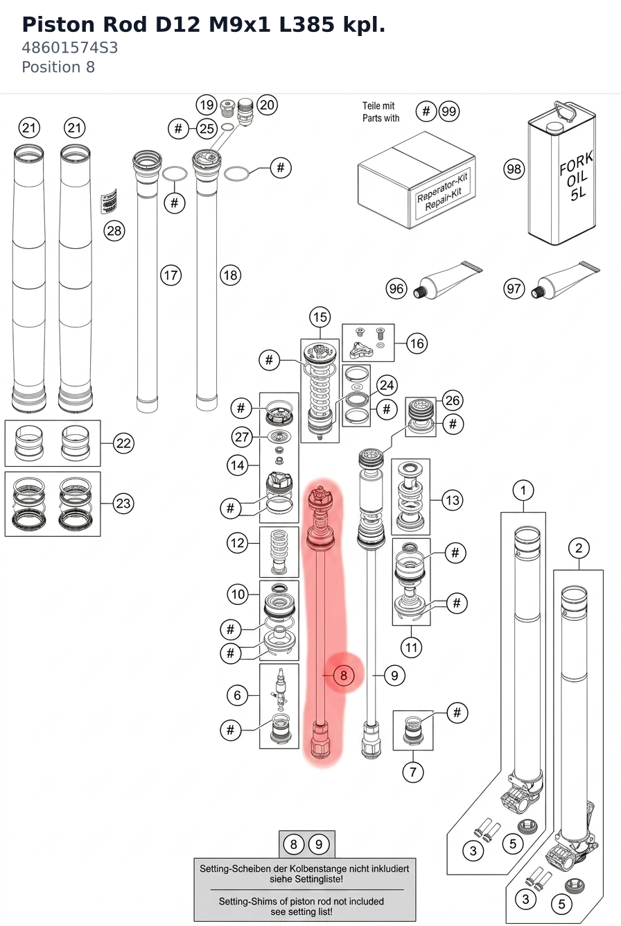 Diagram preview: Piston Rod D12 M9x1 L385 kpl. (48601574S3)