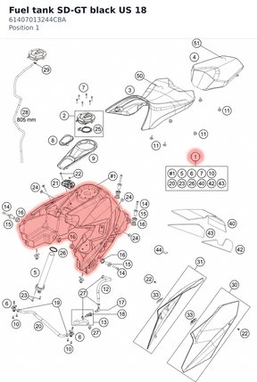 Diagram preview: Fuel tank SD-GT black US 18 (61407013244CBA)