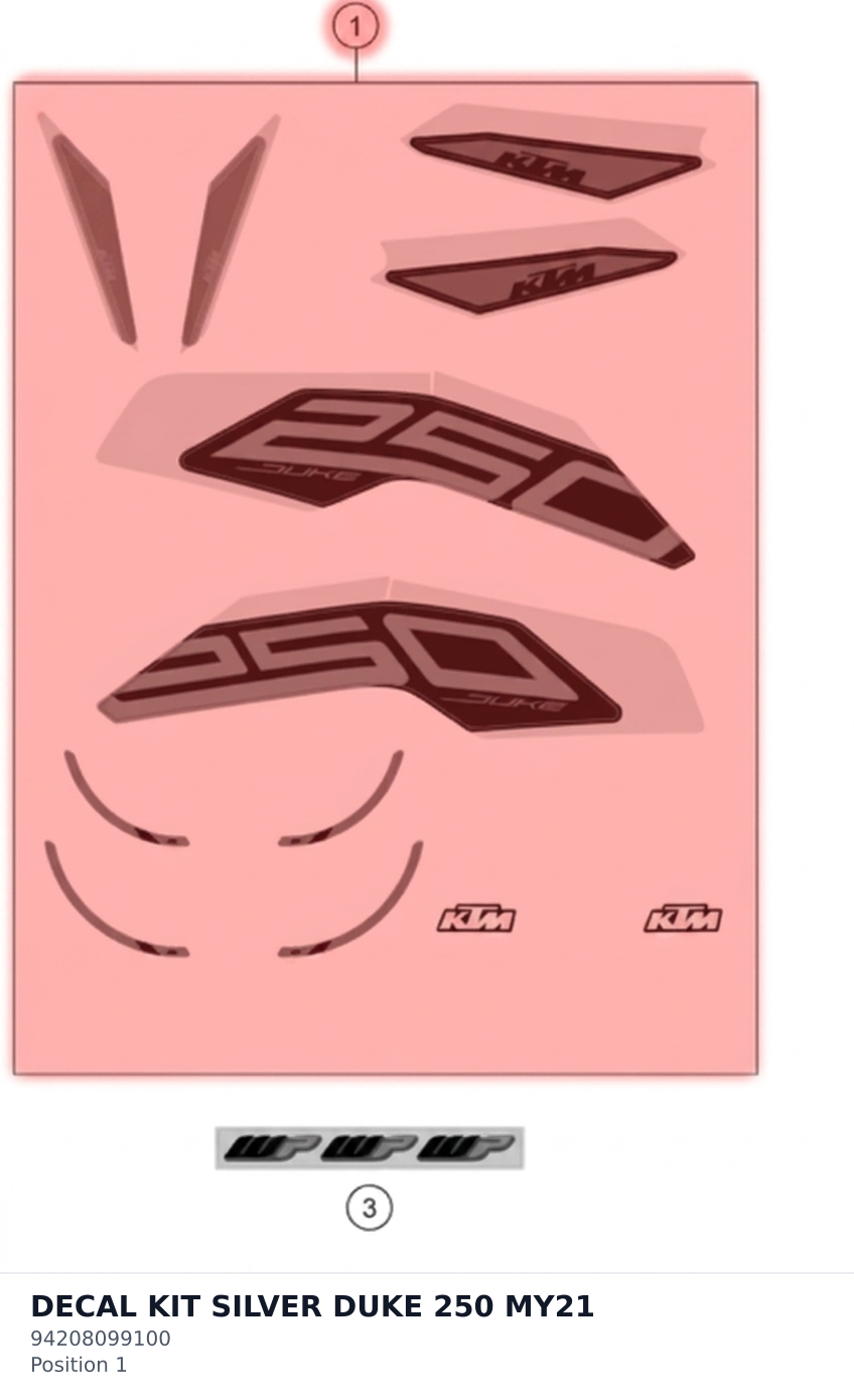 Diagram preview: DECAL KIT SILVER DUKE 250 MY21 (94208099100)