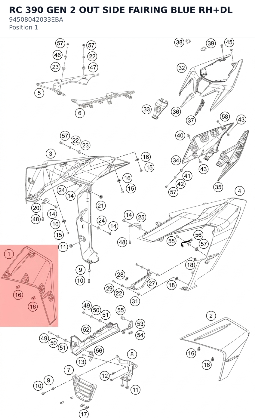 Diagram preview: RC 390 GEN 2 OUT SIDE FAIRING BLUE RH+DL (94508042033EBA)