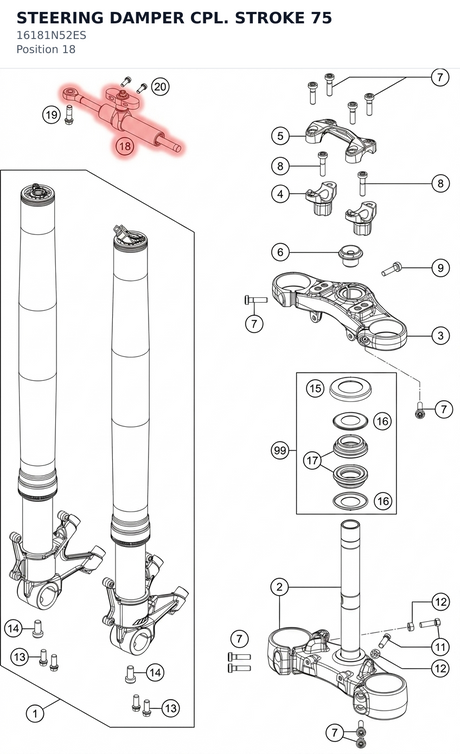 Diagram preview: STEERING DAMPER CPL. STROKE 75 (16181N52ES)