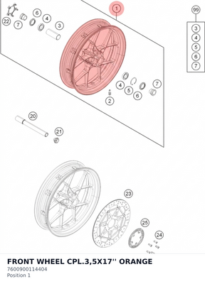 Diagram preview: FRONT WHEEL CPL.3,5X17'' ORANGE (7600900114404)