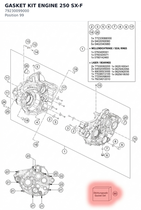 Diagram preview: GASKET KIT ENGINE 250 SX-F (79230099000)