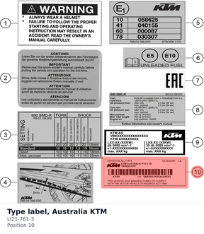Diagram preview: Type label, Australia KTM (LI21-761-3)