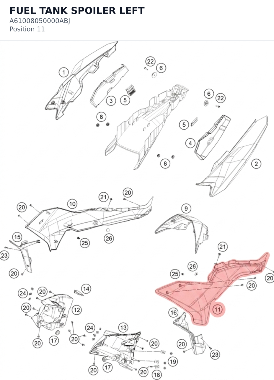 Diagram preview: FUEL TANK SPOILER LEFT (A61008050000ABJ)