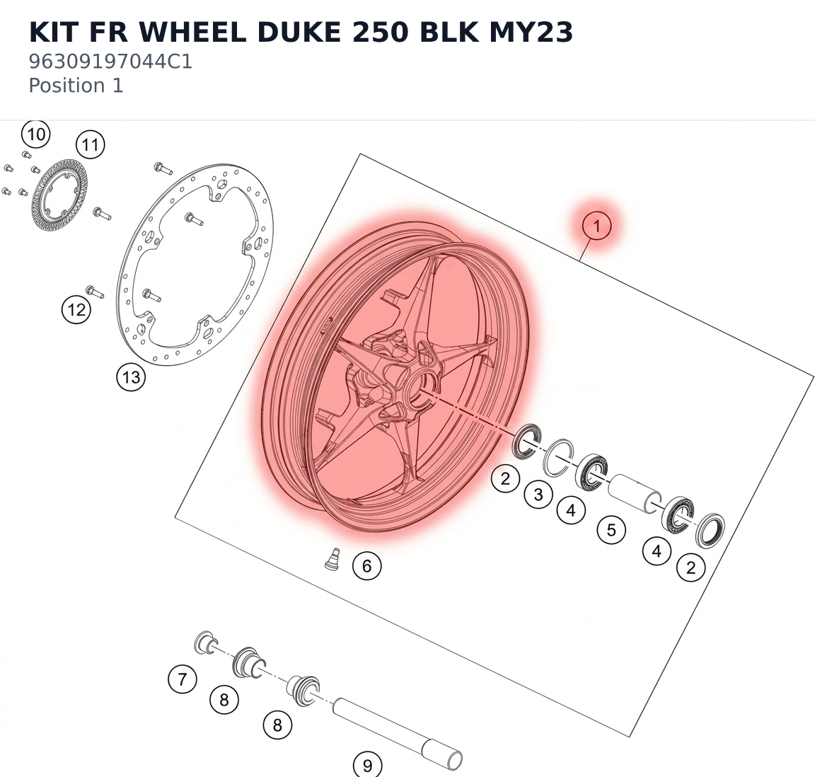 Diagram preview: KIT FR WHEEL DUKE 250 BLK MY23 (96309197044C1)