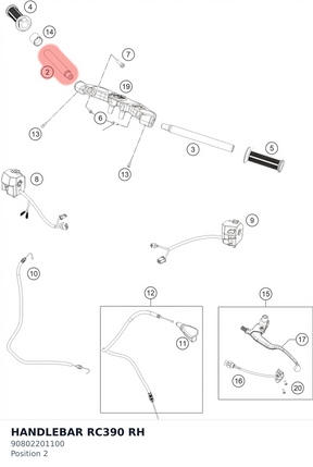 Diagram preview: HANDLEBAR RC390 RH (90802201100)