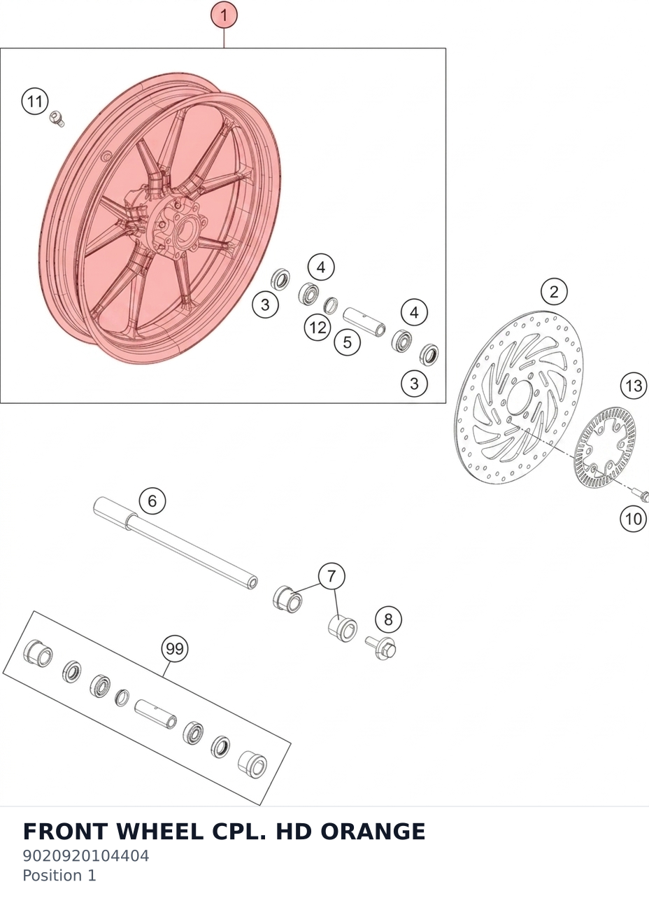 Diagram preview: FRONT WHEEL CPL. HD ORANGE (9020920104404)