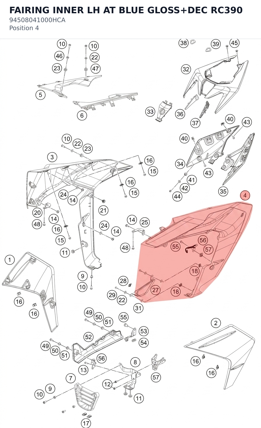 Diagram preview: FAIRING INNER LH AT BLUE GLOSS+DEC RC390 (94508041000HCA)