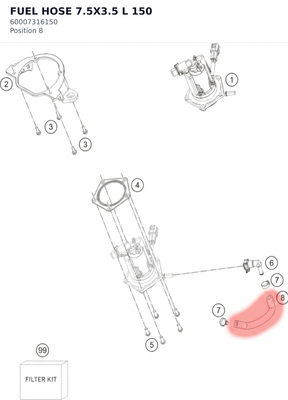 Diagram preview: FUEL HOSE 7.5X3.5 L 150 (60007316150)