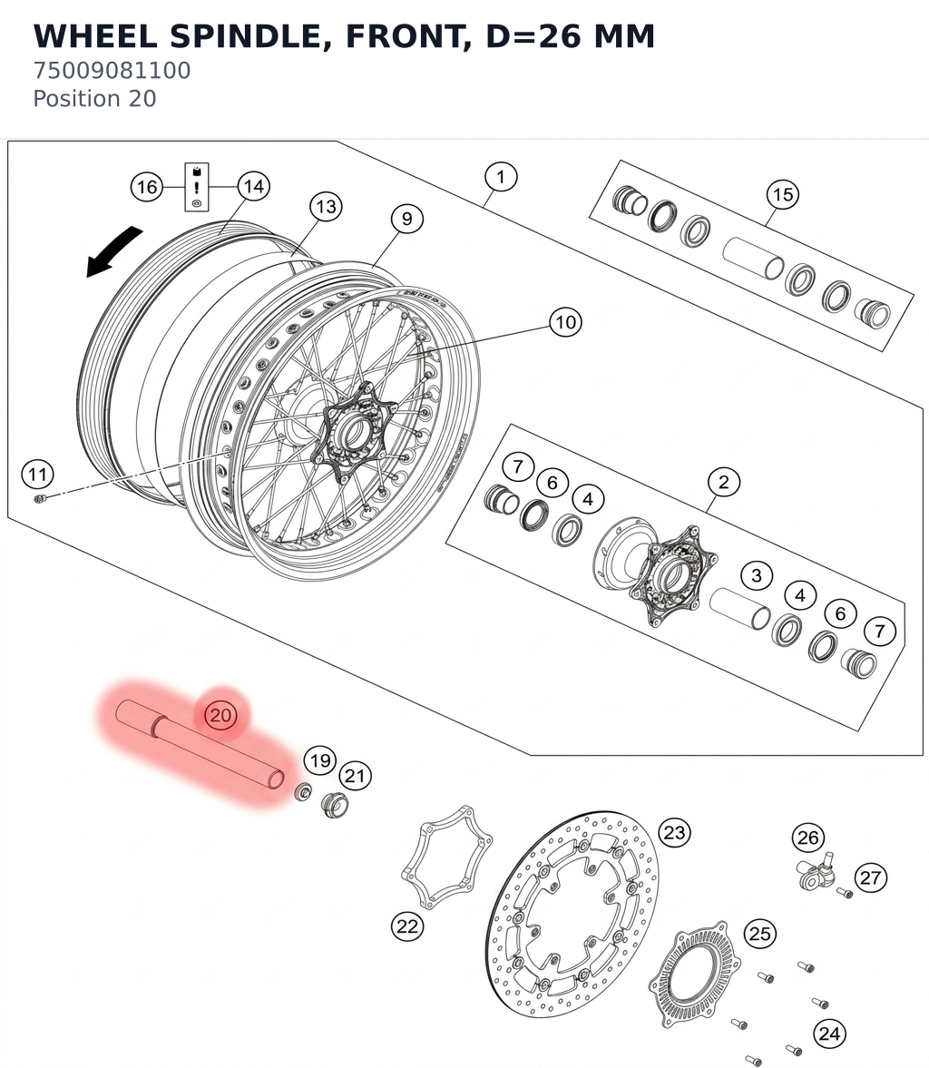 Diagram preview: WHEEL SPINDLE, FRONT, D=26 MM (75009081100)