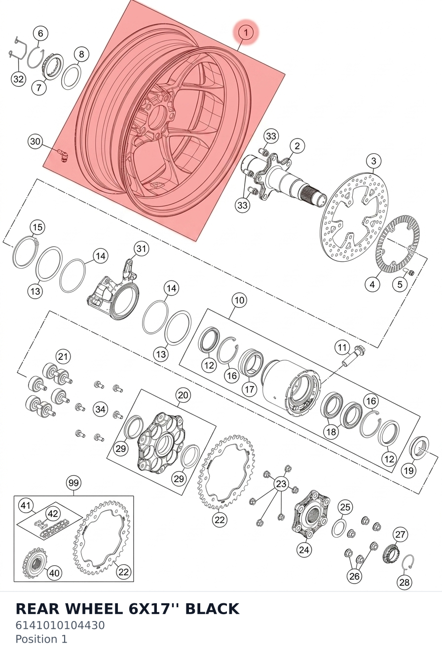 Diagram preview: REAR WHEEL 6X17'' BLACK (6141010104430)