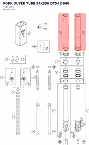 Diagram preview: FORK OUTER TUBE 54X530 DT54 DB60 (48601981)