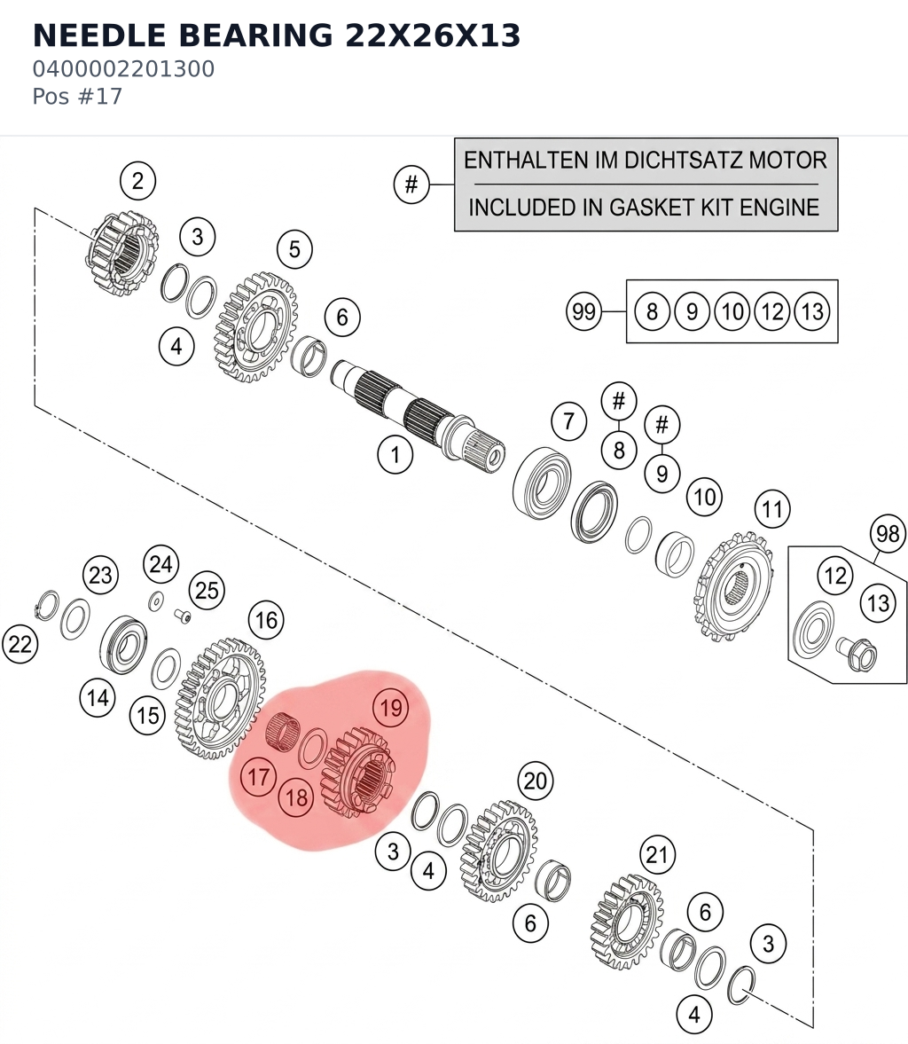 Diagram preview: NEEDLE BEARING 22X26X13 (0400002201300)