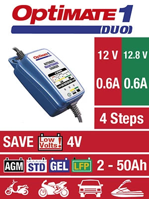 Optimate 1 Duo vedlikeholdslader for vanlig og lithium batterier