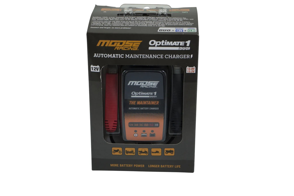 Optimate DUO vedlikeholdslader til alle typer MC batteri ink hurtigplugg (Syre/gel/bly/lithium)