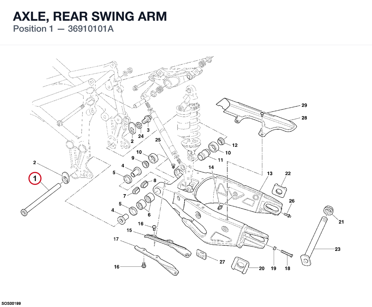 AXLE, REAR SWING ARM 36910101A diagram position