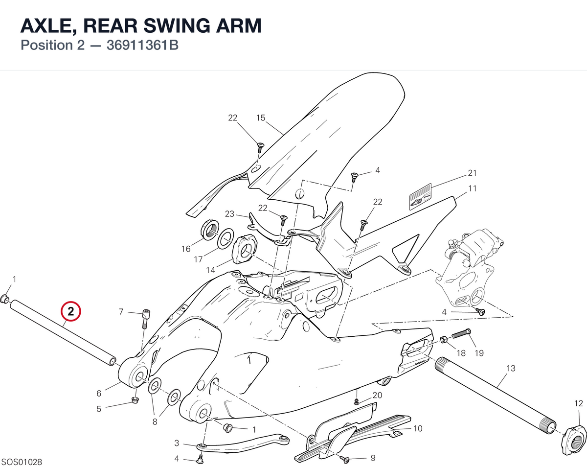 AXLE, REAR SWING ARM 36911361B diagram position