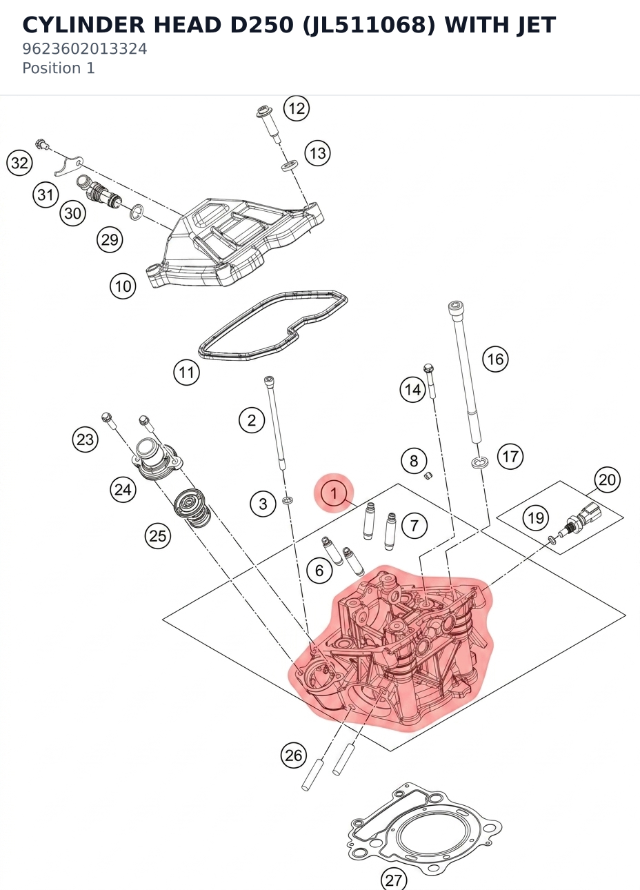 Diagram preview: CYLINDER HEAD D250 (JL511068) WITH JET (9623602013324)
