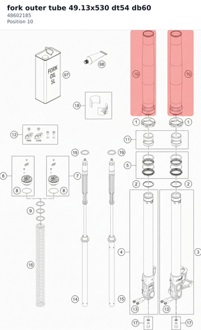 Diagram preview: fork outer tube 49.13x530 dt54 db60 (48602185)