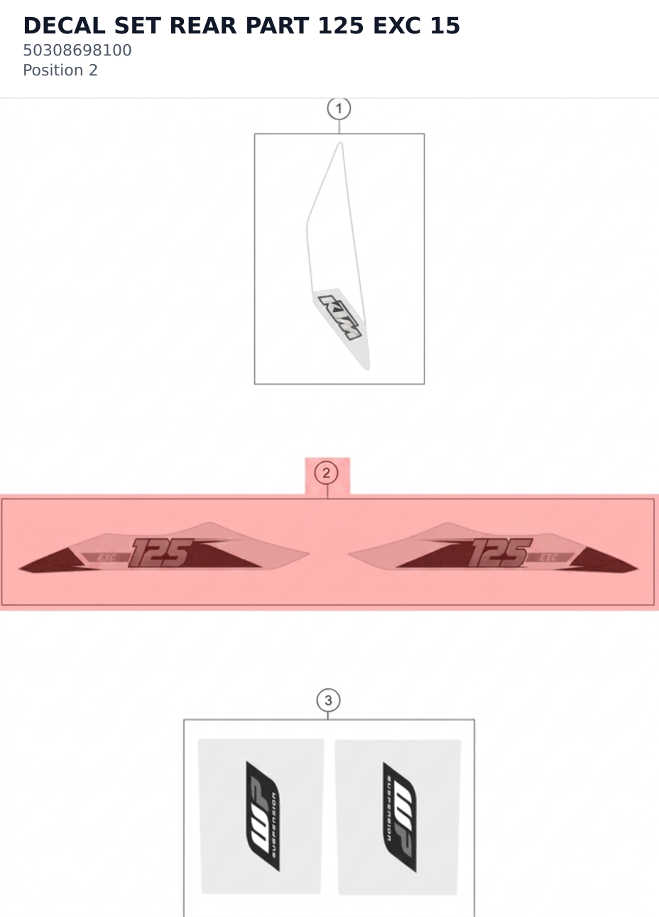 Diagram preview: DECAL SET REAR PART 125 EXC 15 (50308698100)