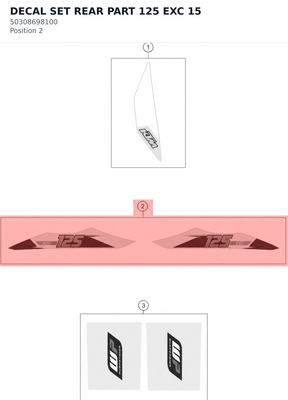 Diagram preview: DECAL SET REAR PART 125 EXC 15 (50308698100)