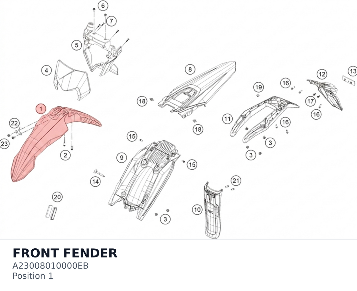 Diagram preview: FRONT FENDER (A23008010000EB)
