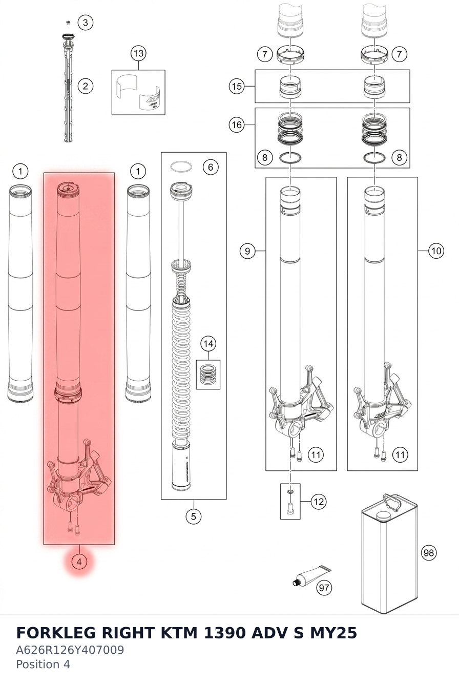 Diagram preview: FORKLEG RIGHT KTM 1390 ADV S MY25 (A626R126Y407009)