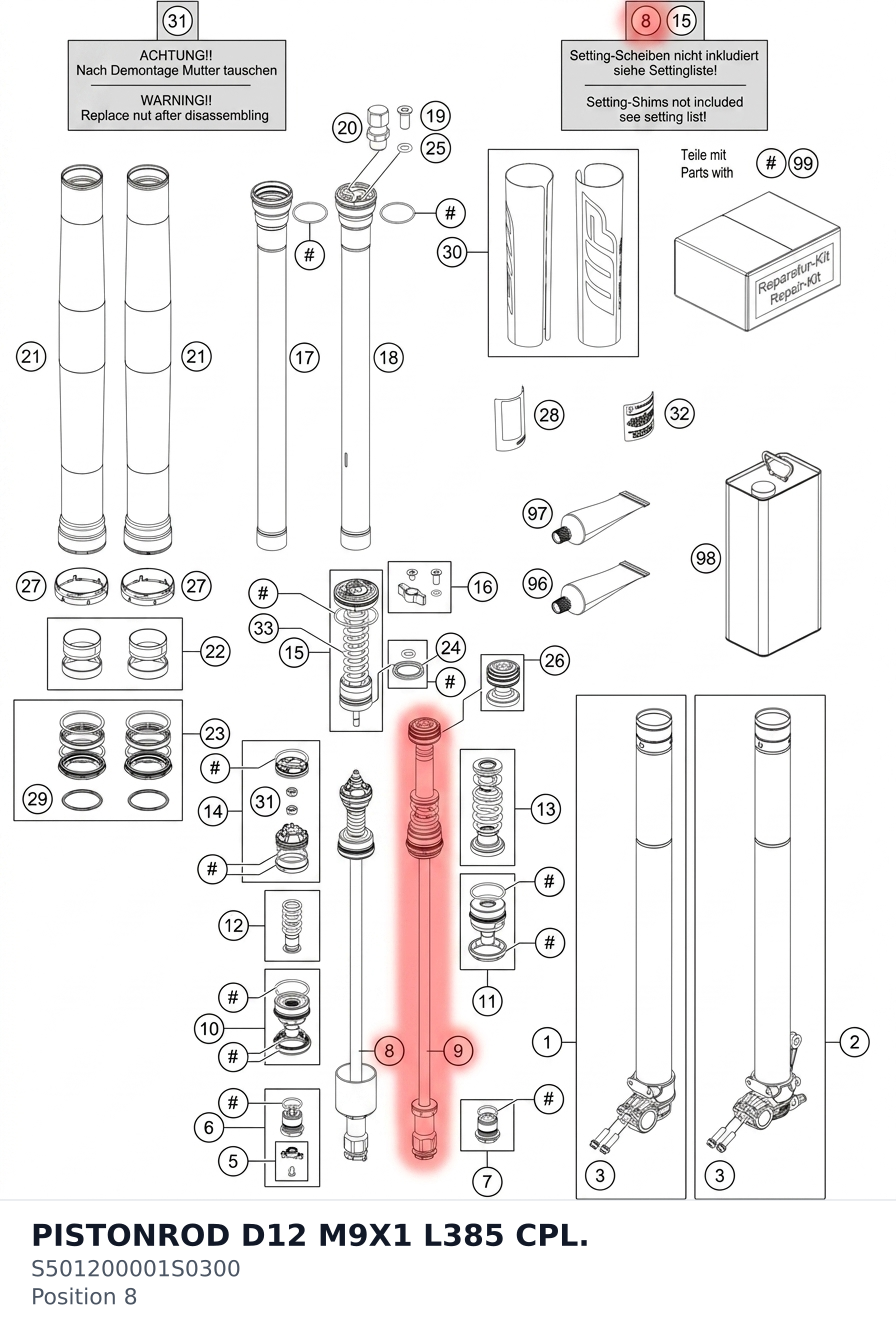 Diagram preview: PISTONROD D12 M9X1 L385 CPL. (S501200001S0300)