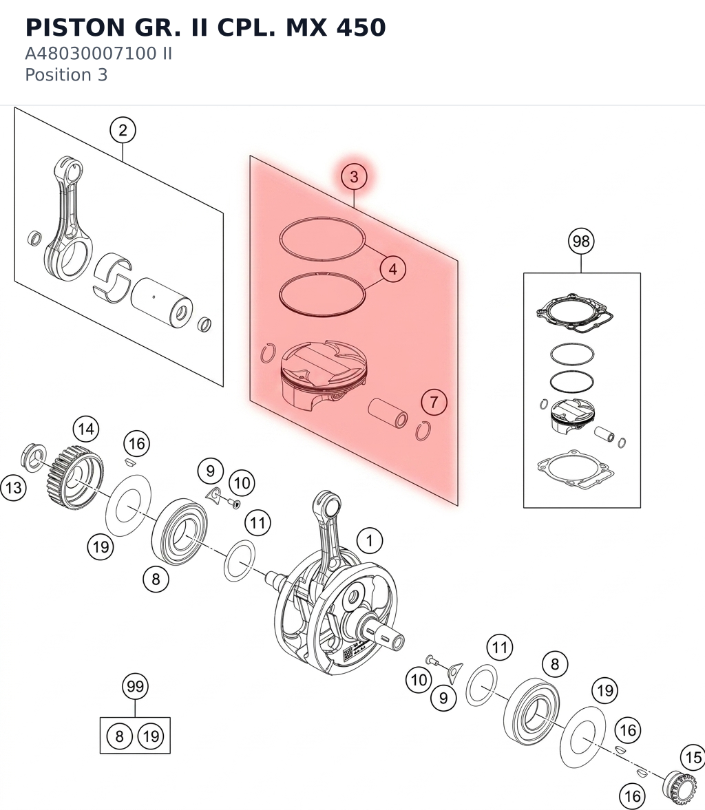Diagram preview: PISTON GR. II CPL. MX 450 (A48030007100 II)