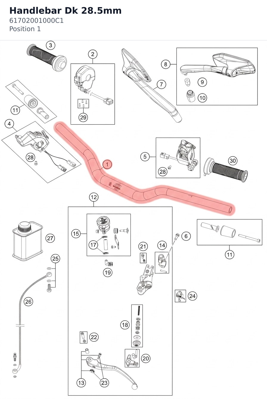Diagram preview: Handlebar Dk 28.5mm (61702001000C1)
