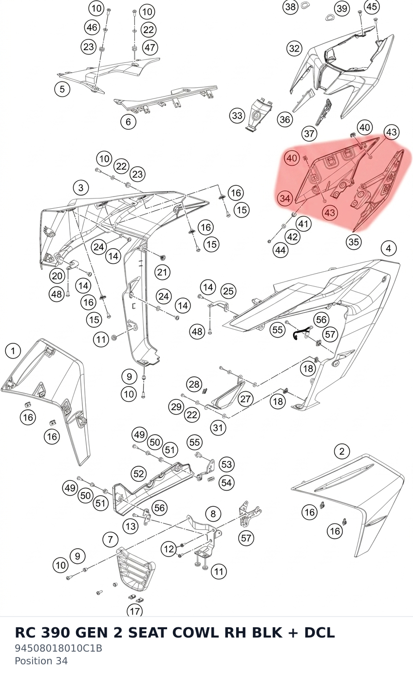 Diagram preview: RC 390 GEN 2 SEAT COWL RH BLK + DCL (94508018010C1B)